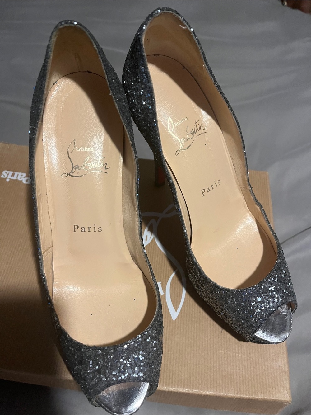 Christian Louboutin Silver Glitter Peep-Toe Heels